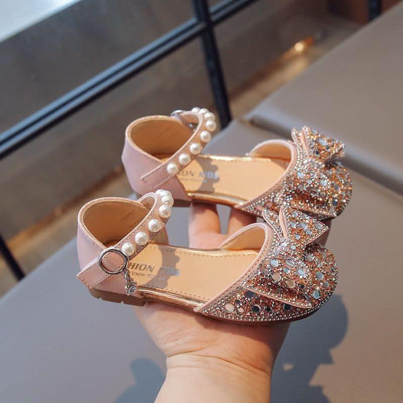 Girls' pink pearl bow rhinestone Mary Jane flats