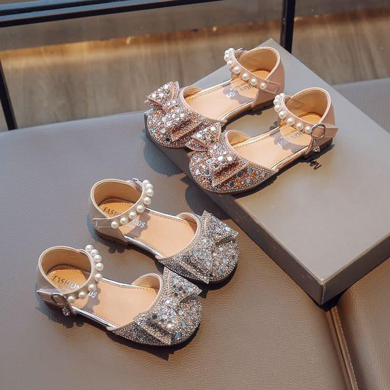 Girls' pink and silver pearl bow rhinestone Mary Jane flats