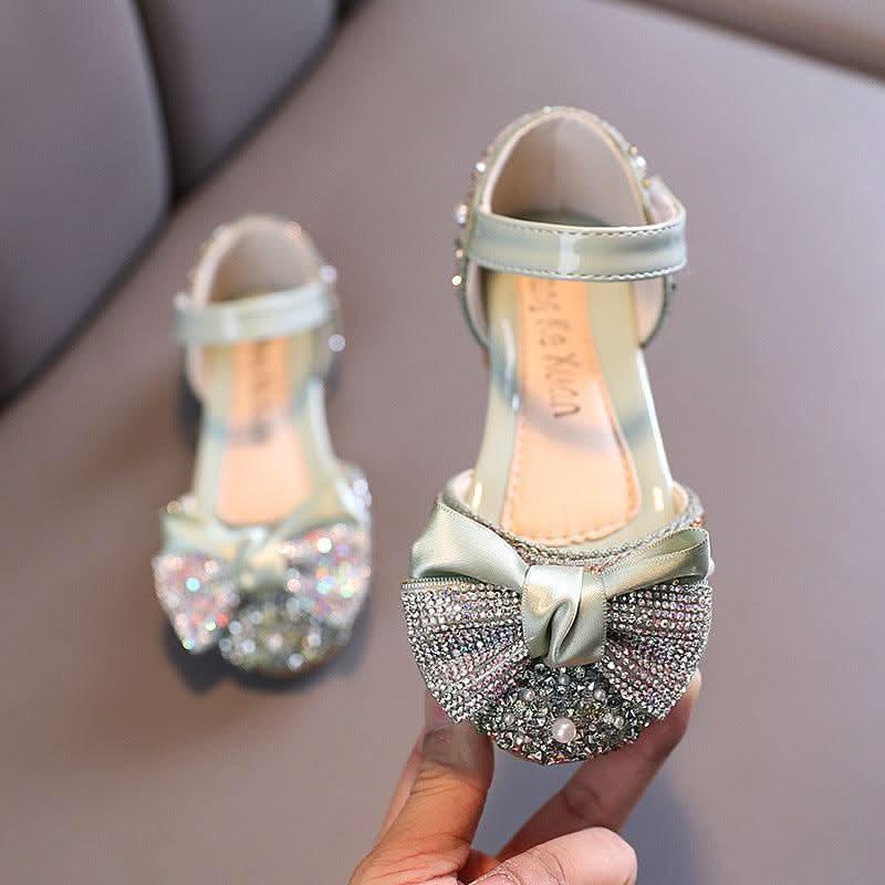 Green rhinestone bow ankle strap flats for girls