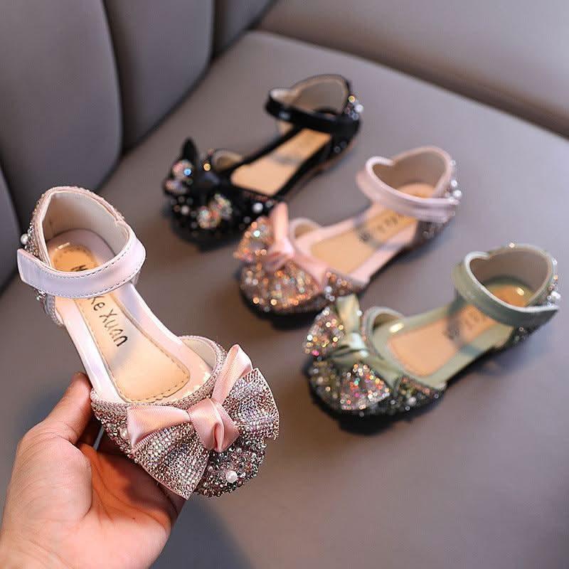 Pink, green and black rhinestone bow ankle strap flats for girls