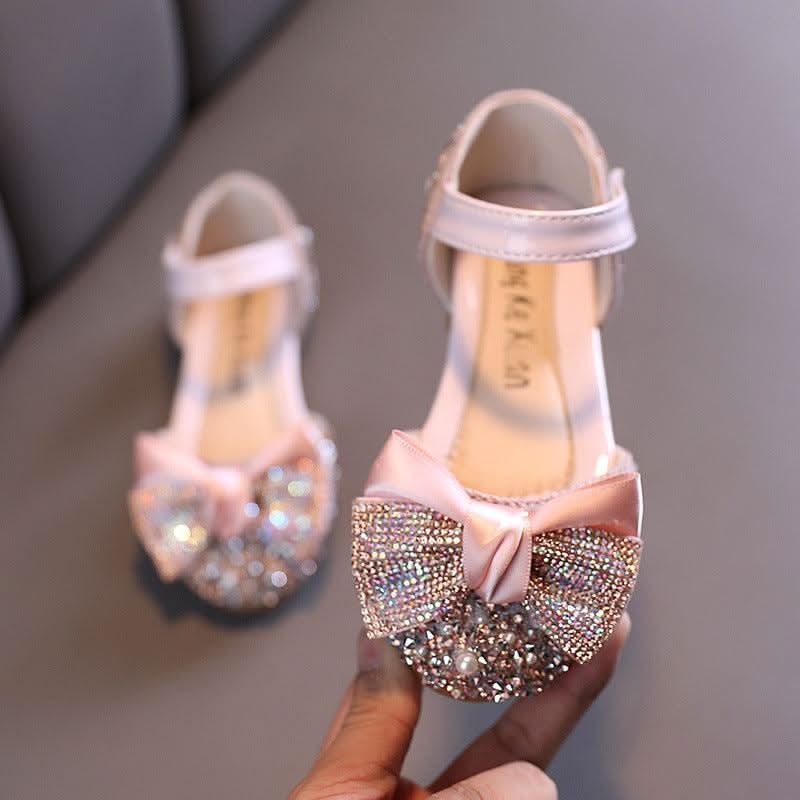 Pink rhinestone bow ankle strap flats for girls