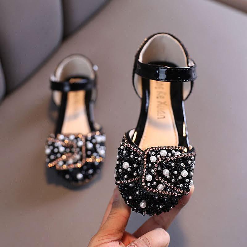 Black rhinestone pearl bow ankle strap flats for girls
