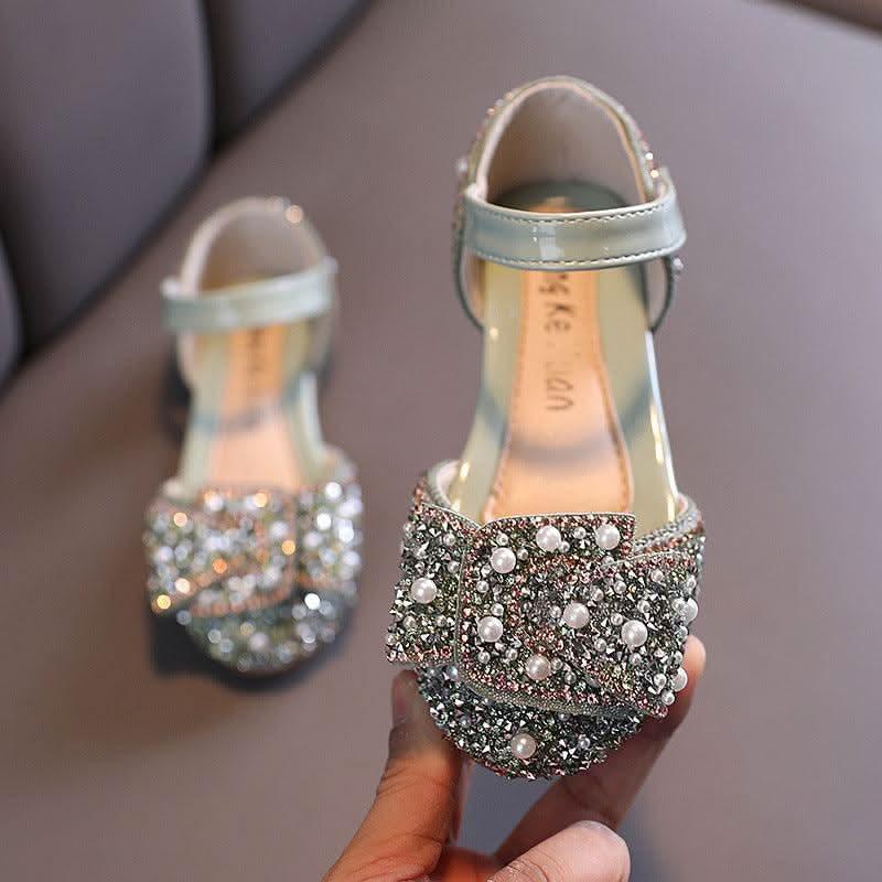 Green rhinestone pearl bow ankle strap flats for girls