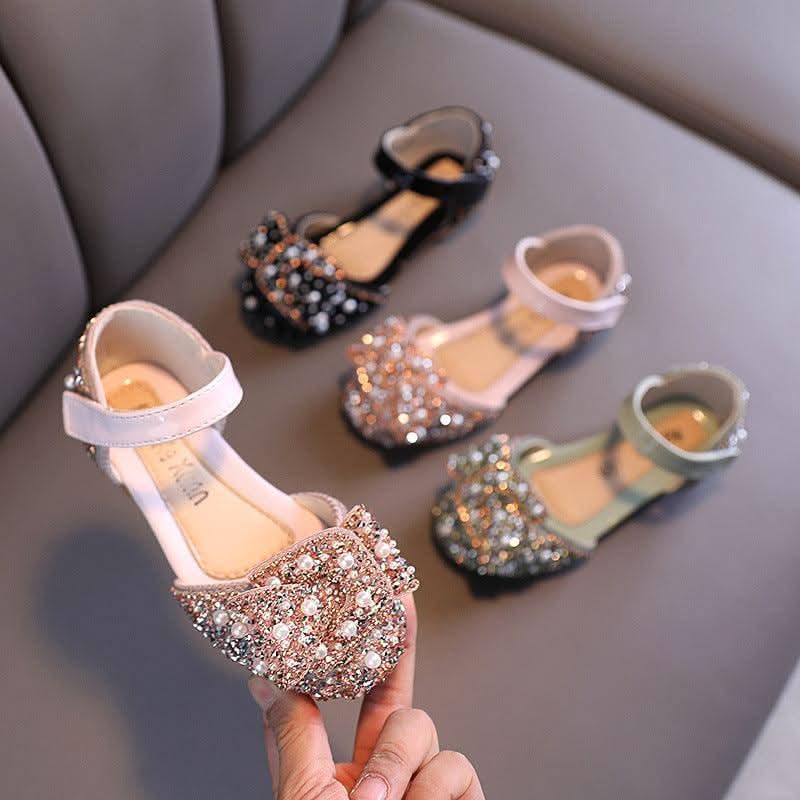 Pink, green and black rhinestone pearl bow ankle strap flats for girls