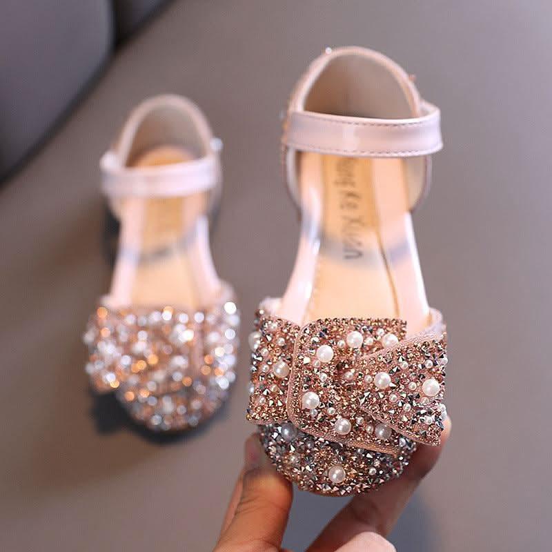 Pink rhinestone pearl bow ankle strap flats for girls