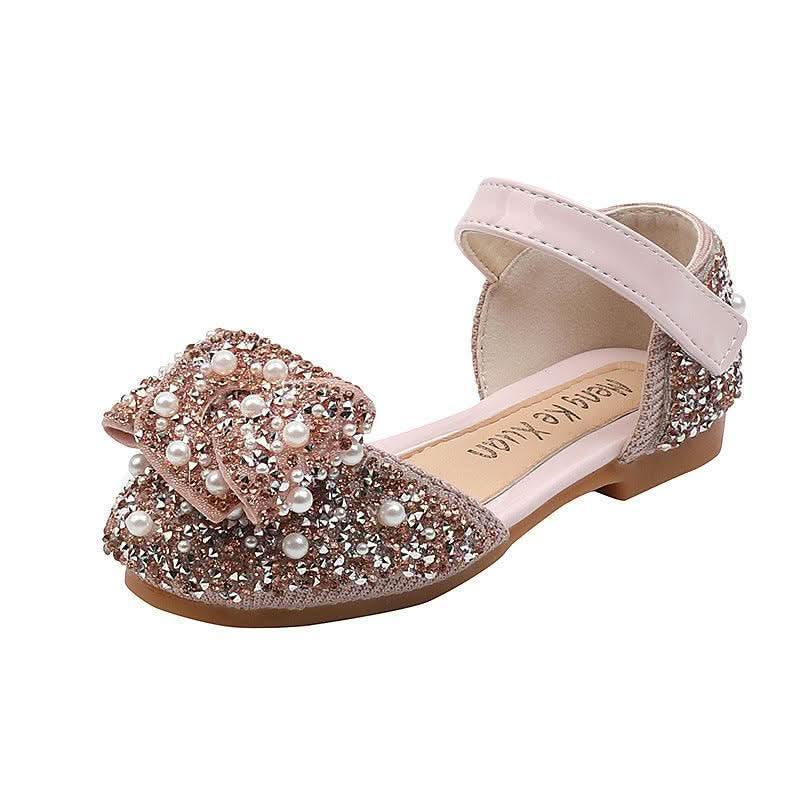 Pink rhinestone pearl bow ankle strap flats for girls, side view