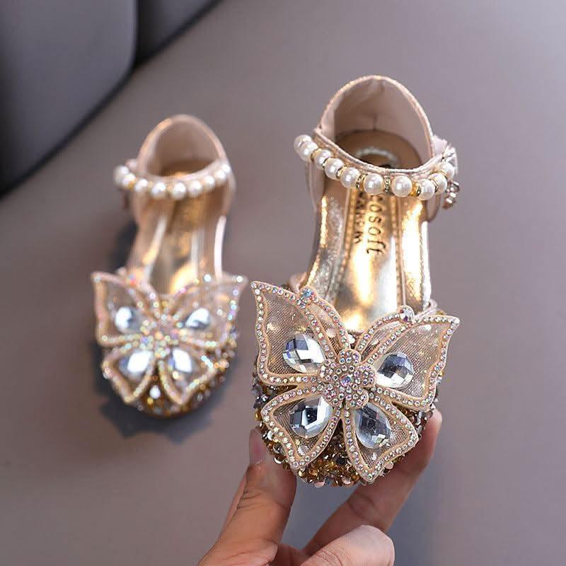 Champagne butterfly rhinestone pearl flats for girls
