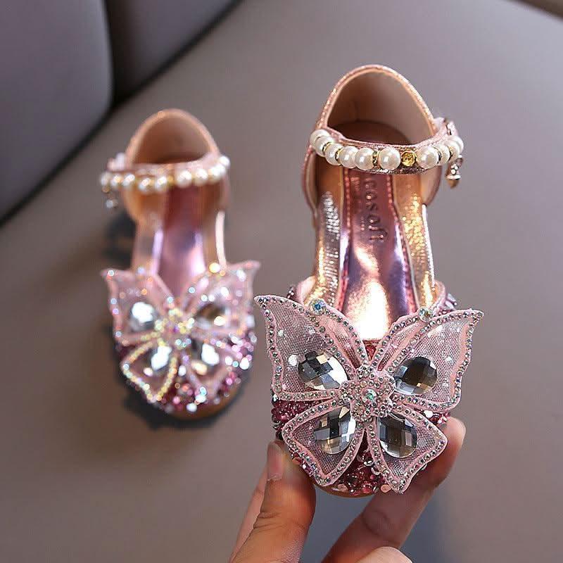 Pink butterfly rhinestone pearl flats for girls