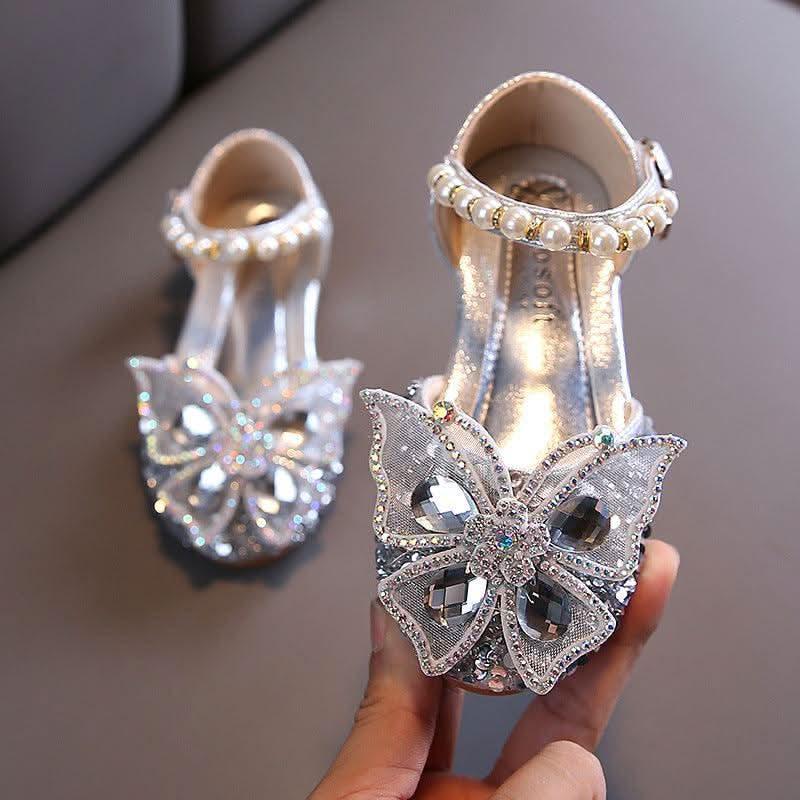 Silver butterfly rhinestone pearl flats for girls