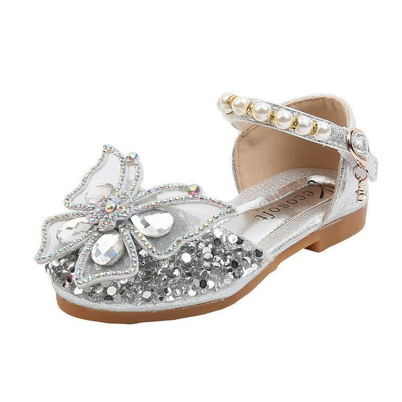 Silver butterfly rhinestone pearl flats for girls, side view