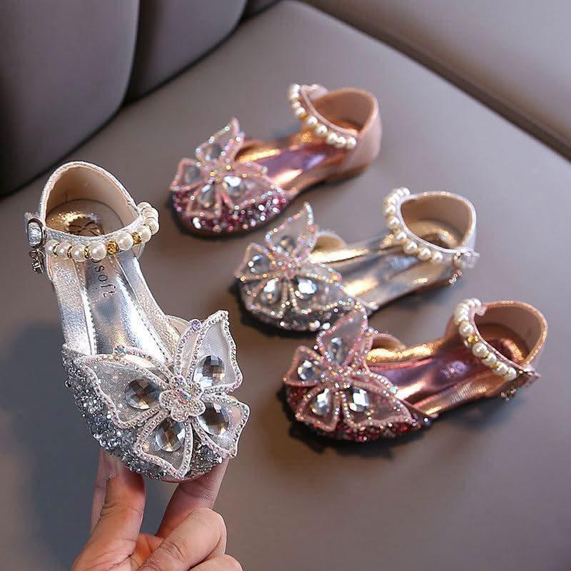 Silver, pink and champagne butterfly rhinestone pearl flats for girls
