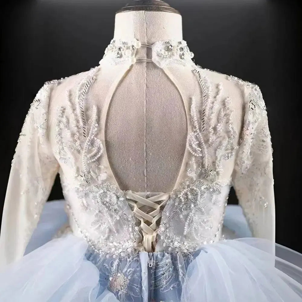 Jill Wish Luxury Blue Dubai Girl Dress Beaded Pearls Arabic Princess J381